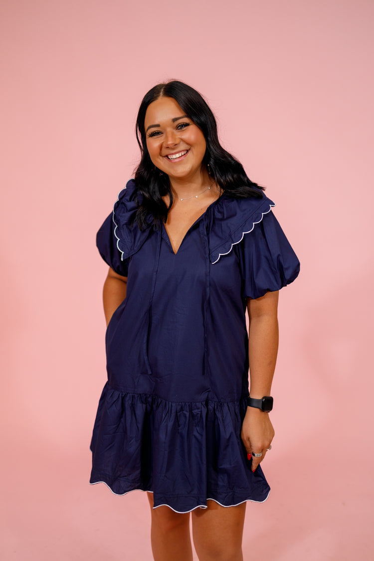 Navy Scallop Edge Poplin Dress Jaxe + Grace Boutique