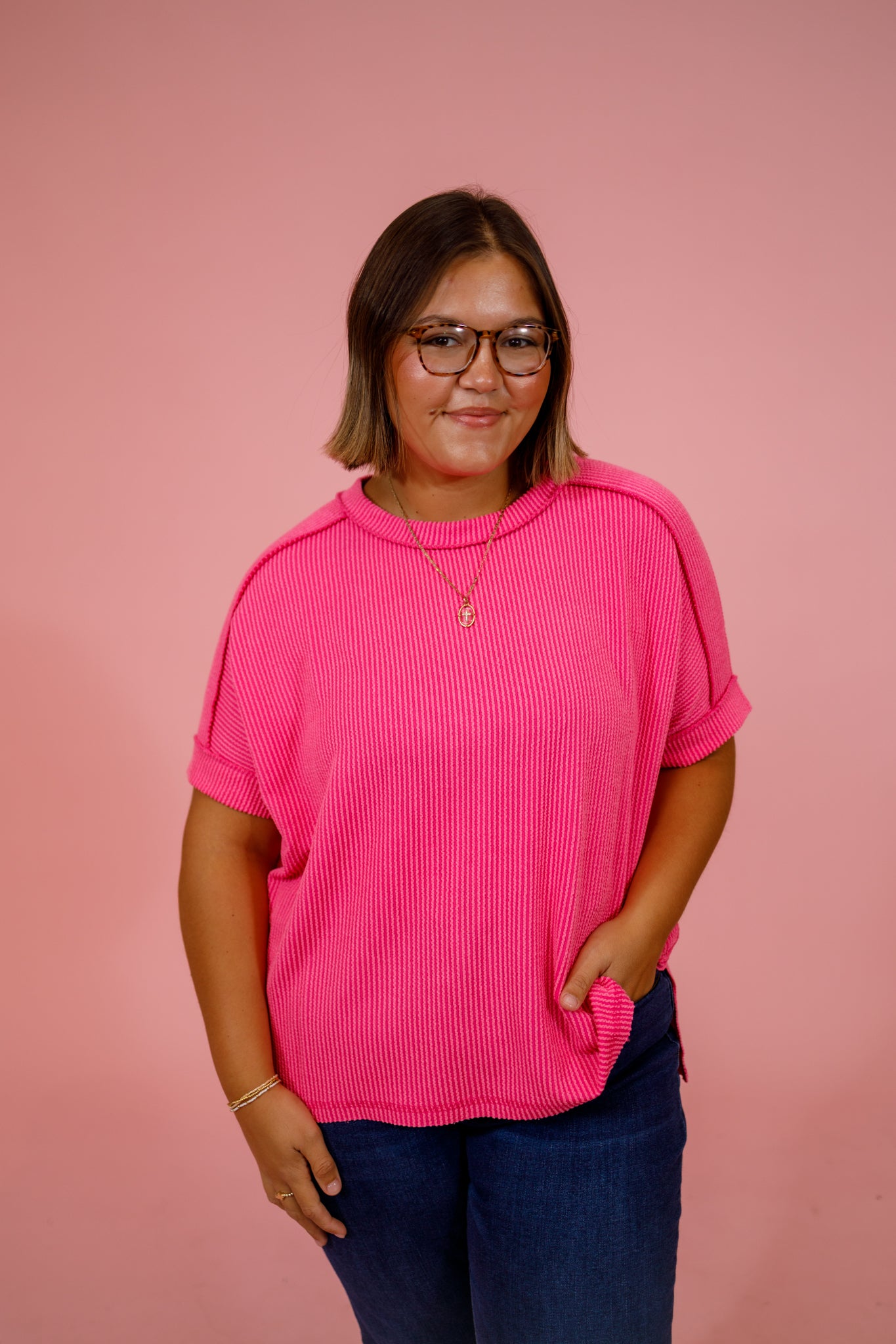 Curvy Ribbed Cuff Sleeve Top, HOT PINK Jaxe + Grace Boutique