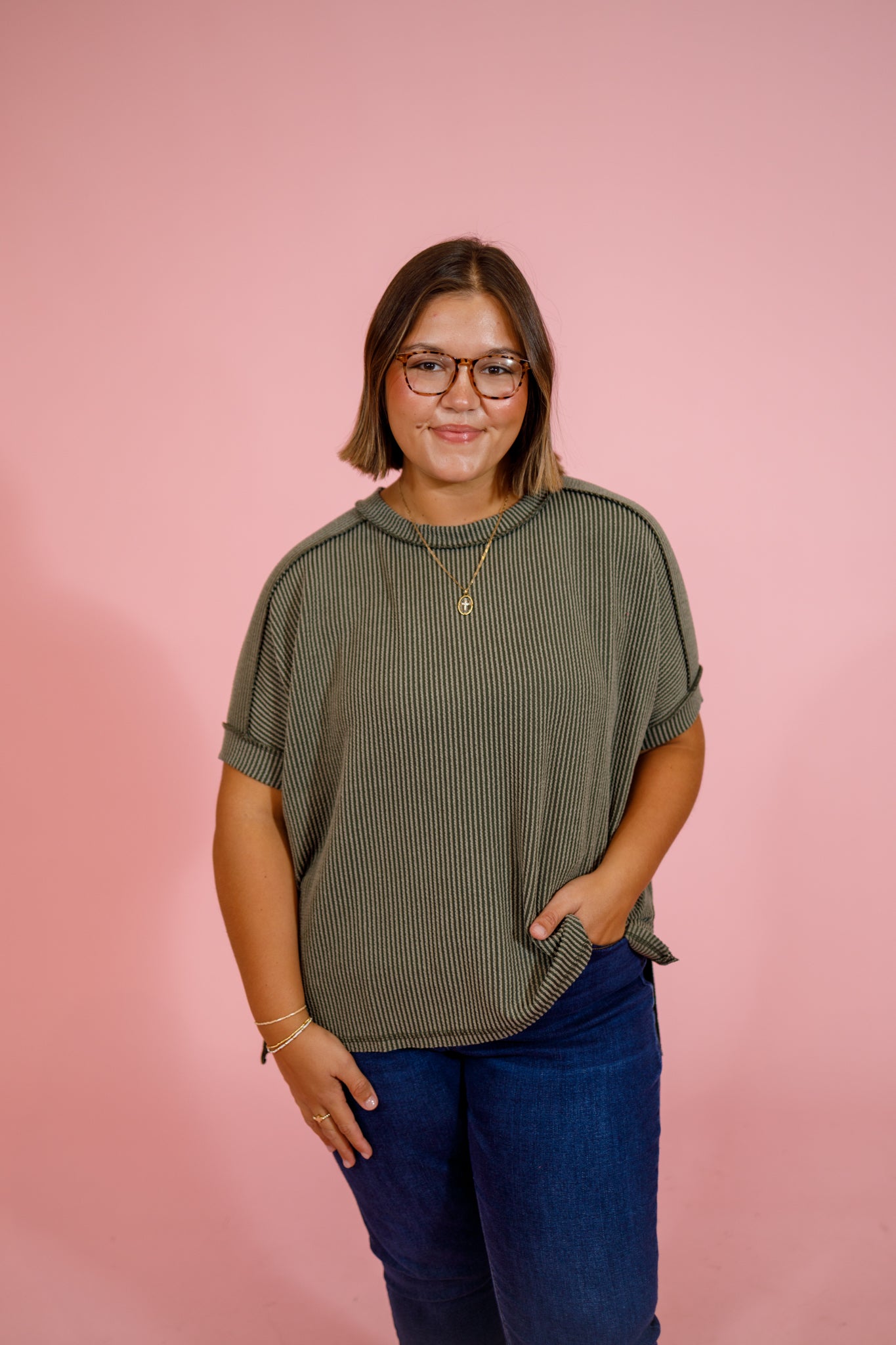 Curvy Ribbed Cuff Sleeve Top, LT OLIVE Jaxe + Grace Boutique