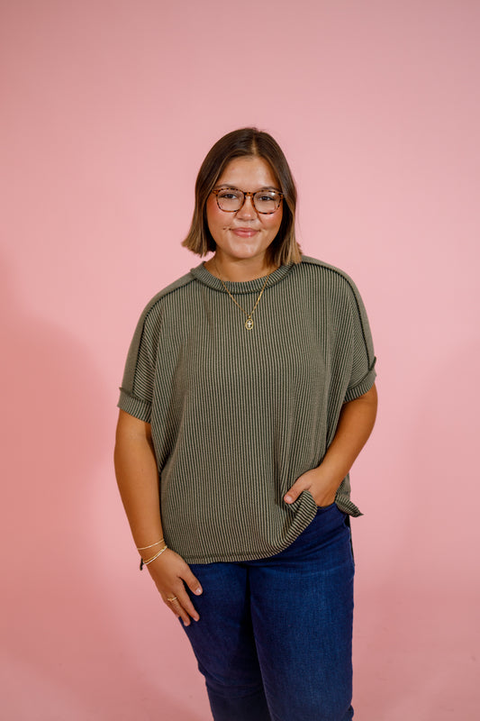 Curvy Ribbed Cuff Sleeve Top, LT OLIVE Jaxe + Grace Boutique