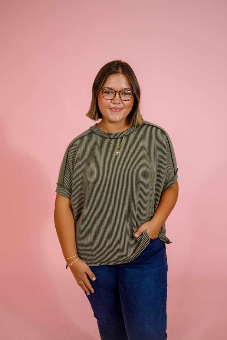 Curvy Ribbed Cuff Sleeve Top, LT OLIVE Jaxe + Grace Boutique