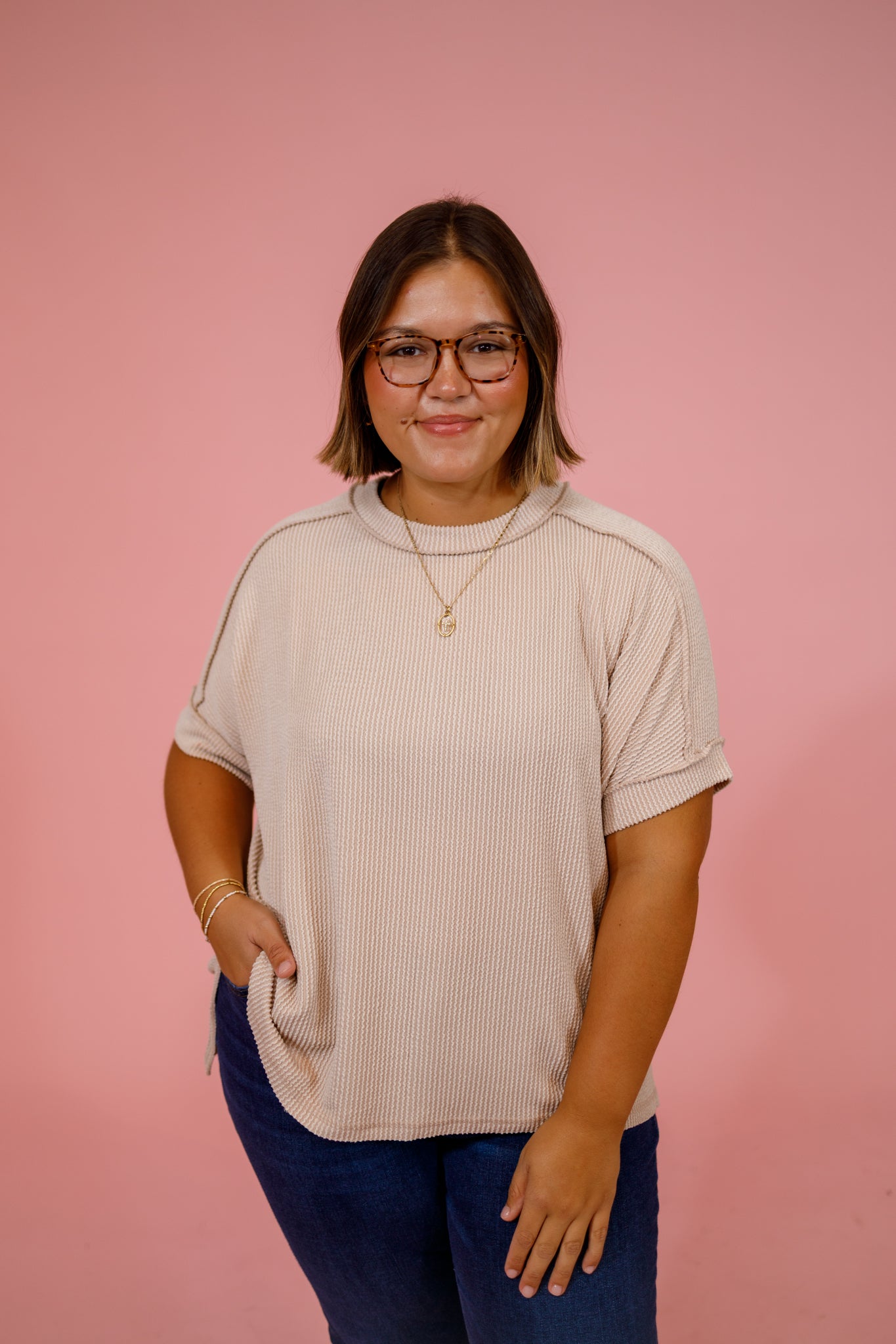 Curvy Ribbed Cuff Sleeve Top, SAND BEIGE Jaxe + Grace Boutique