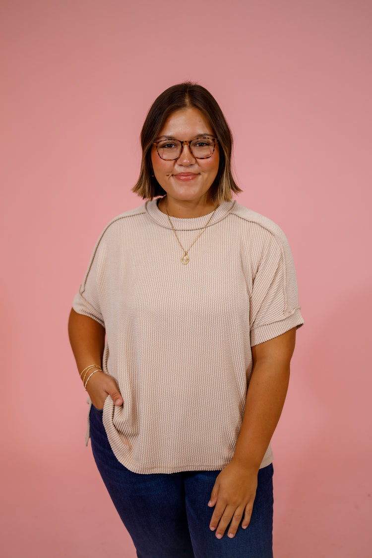 Curvy Ribbed Cuff Sleeve Top, SAND BEIGE Jaxe + Grace Boutique