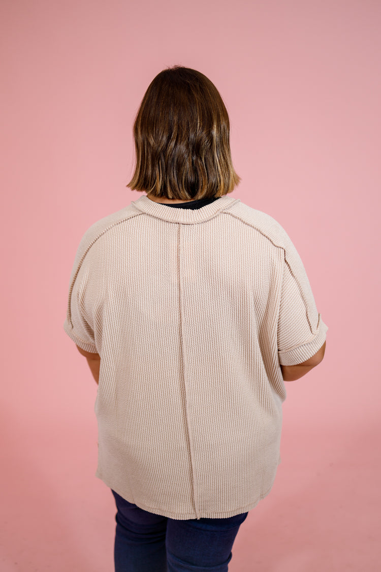Curvy Ribbed Cuff Sleeve Top, SAND BEIGE Jaxe + Grace Boutique