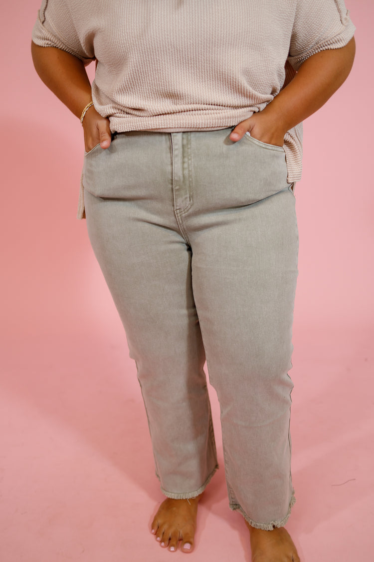 Curvy Z Acid Wash Crop Flare Jeans, Lt Olive Jaxe + Grace Boutique