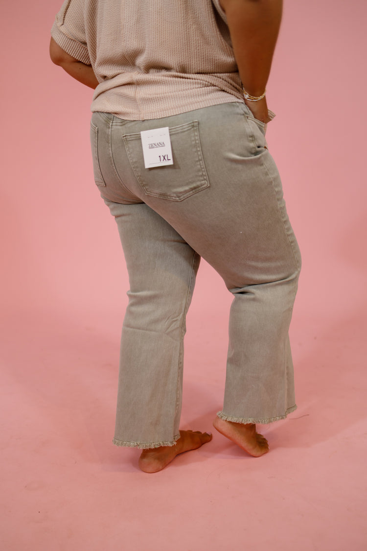 Curvy Z Acid Wash Crop Flare Jeans, Lt Olive Jaxe + Grace Boutique