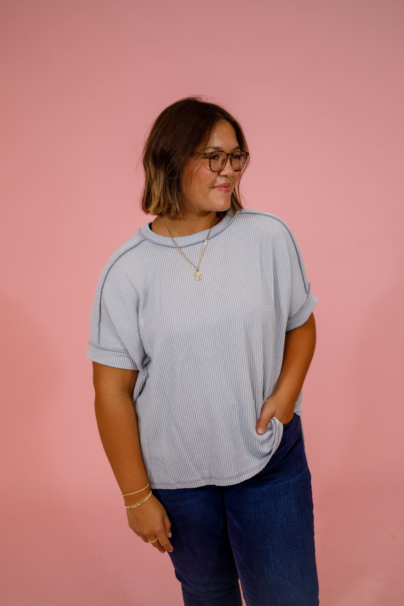 Curvy Ribbed Cuff Sleeve Top, LT GREY Jaxe + Grace Boutique