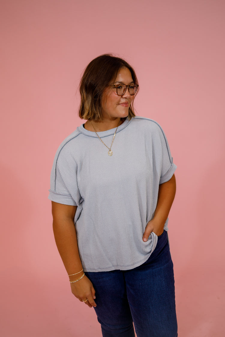 Curvy Ribbed Cuff Sleeve Top, LT GREY Jaxe + Grace Boutique