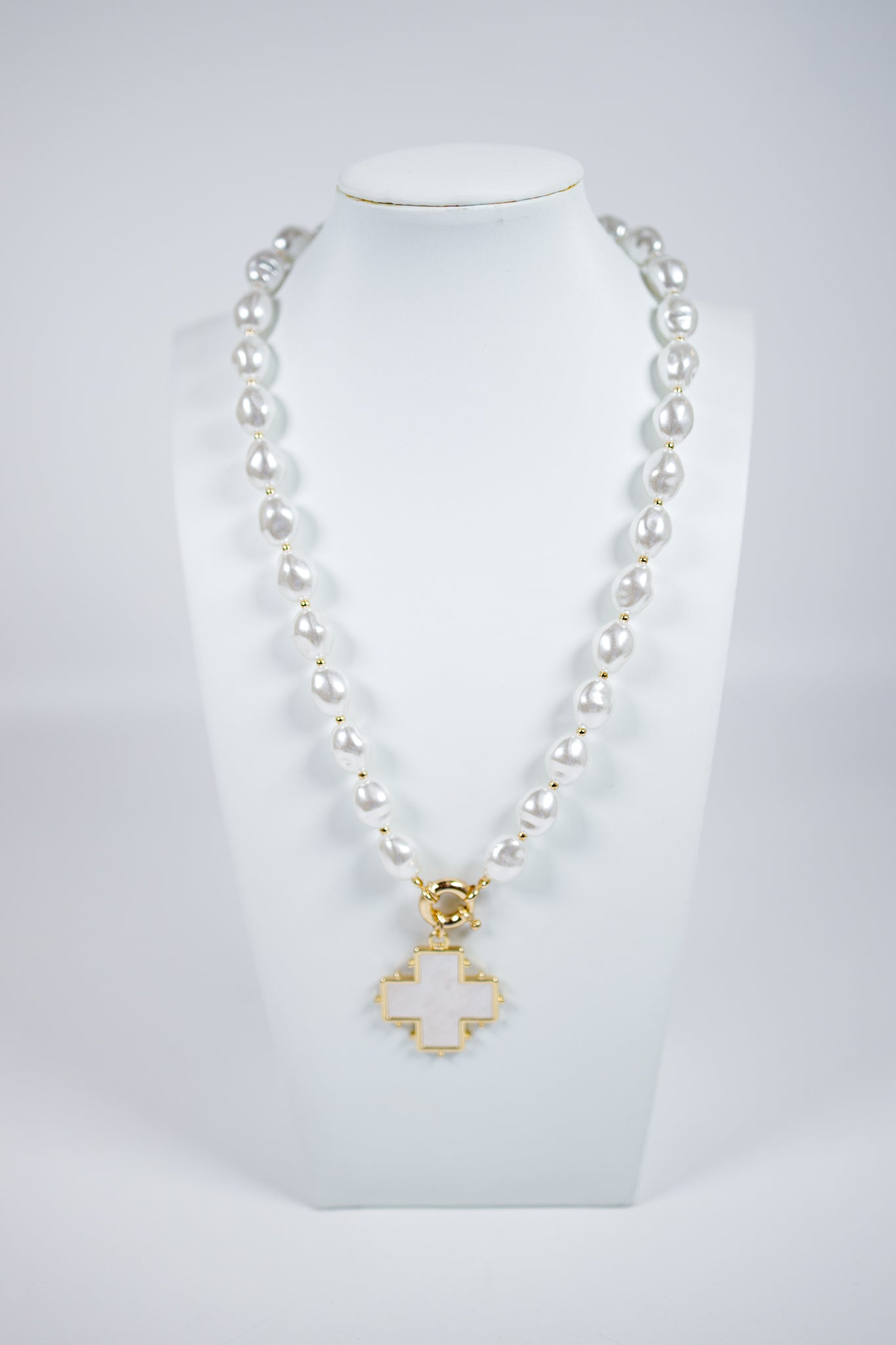 Pearl Acrylic Beaded with White Cross Necklace Jaxe + Grace Boutique