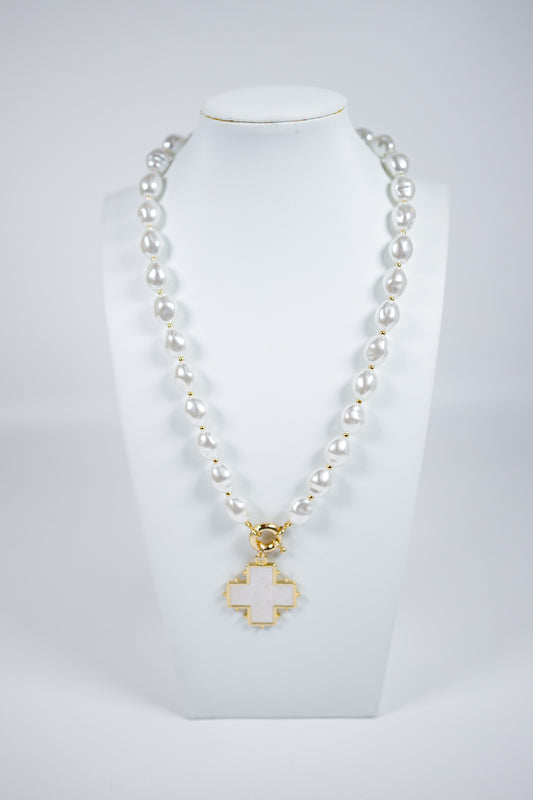Pearl Acrylic Beaded with White Cross Necklace Jaxe + Grace Boutique