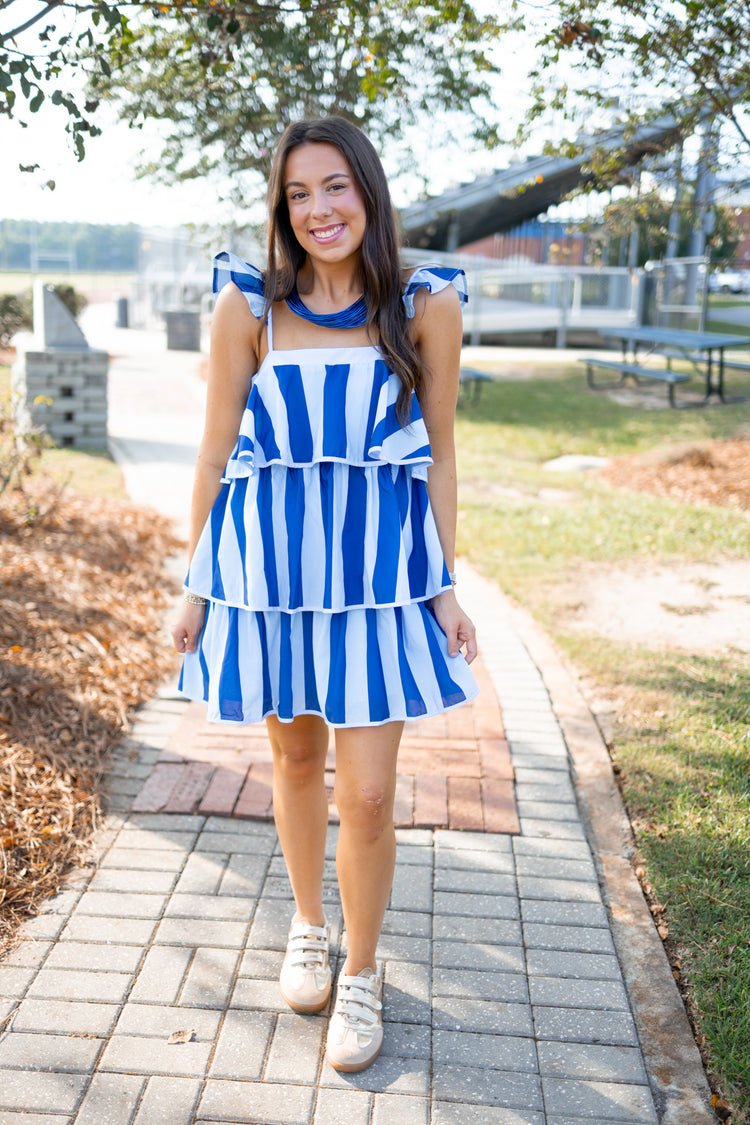 Blue Stripe Ruffle Tiered Dress Jaxe + Grace Boutique