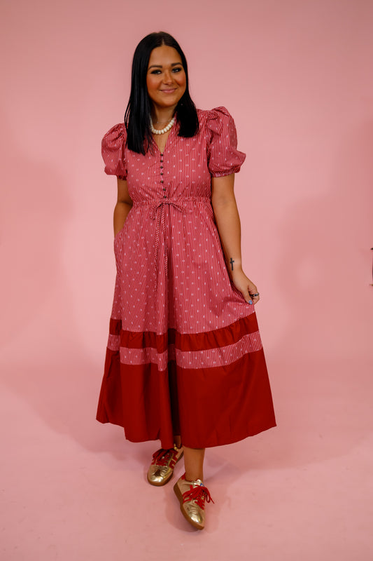 Burgundy Stripe and Dot Puff Sleeve Midi Dress Jaxe + Grace Boutique