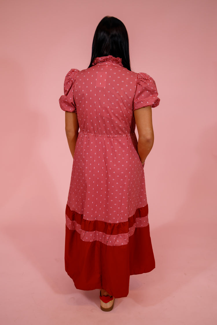 Burgundy Stripe and Dot Puff Sleeve Midi Dress Jaxe + Grace Boutique