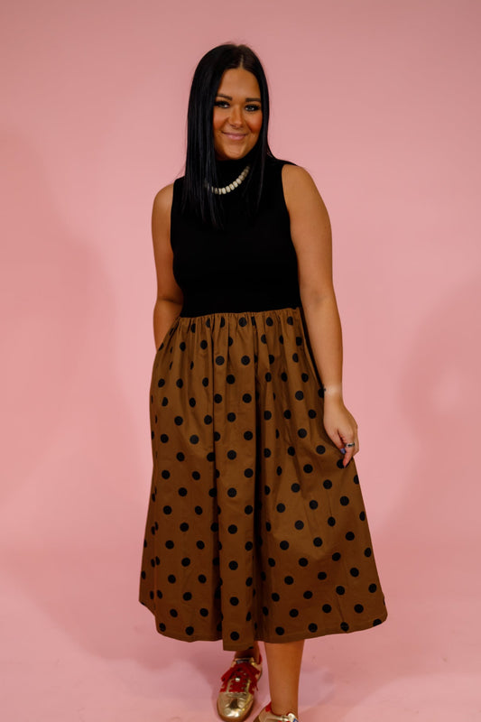 Toffee Polka Dot Mock Neck Midi Dress Jaxe + Grace Boutique