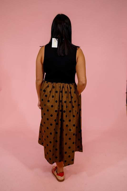 Toffee Polka Dot Mock Neck Midi Dress Jaxe + Grace Boutique