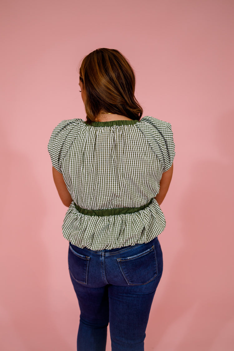 Olive Green Gingham Tie Waist Bubble Top Jaxe + Grace Boutique