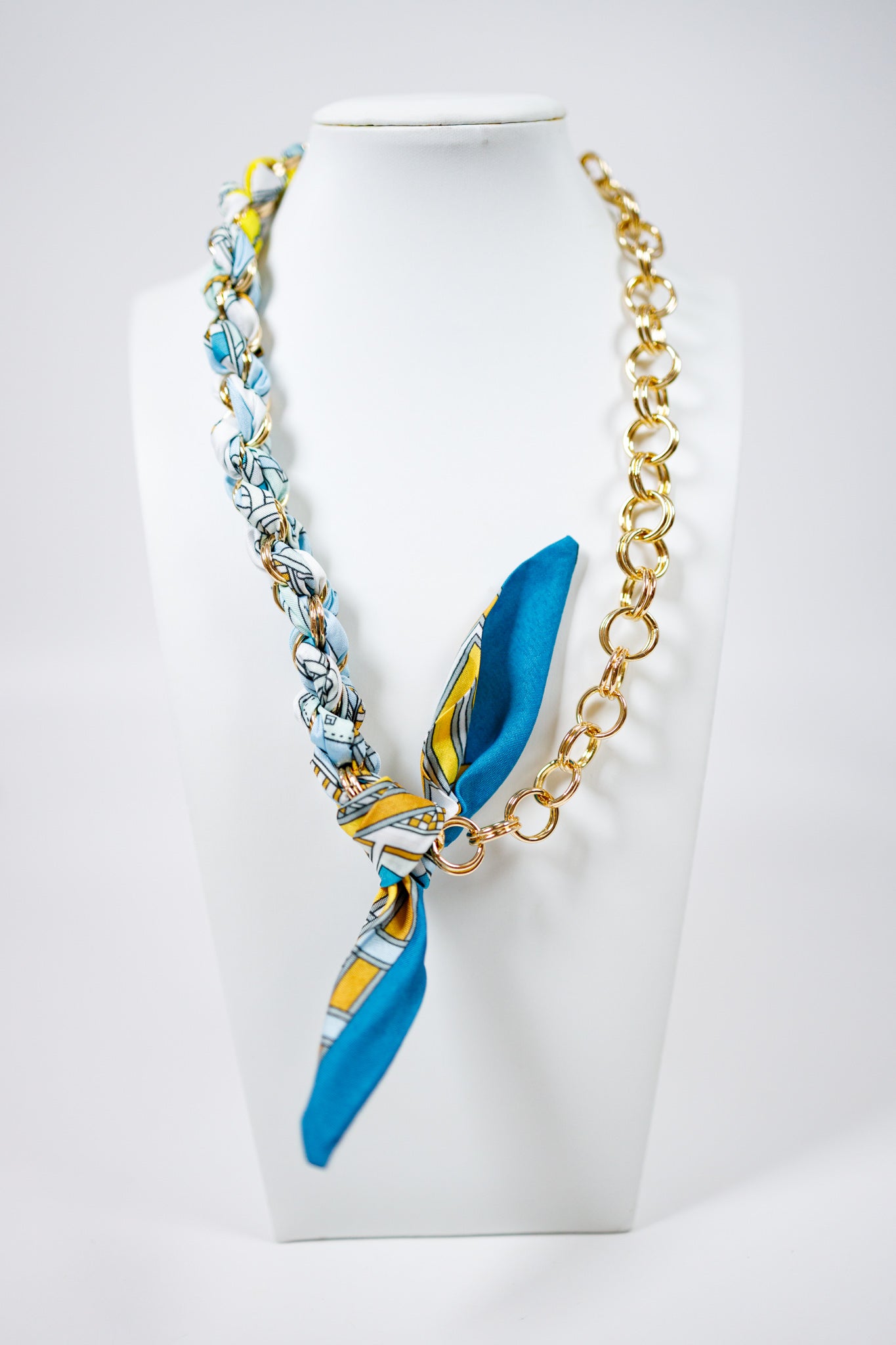 Blue and Yellow Pattern Scarf Chain Necklace Jaxe + Grace Boutique
