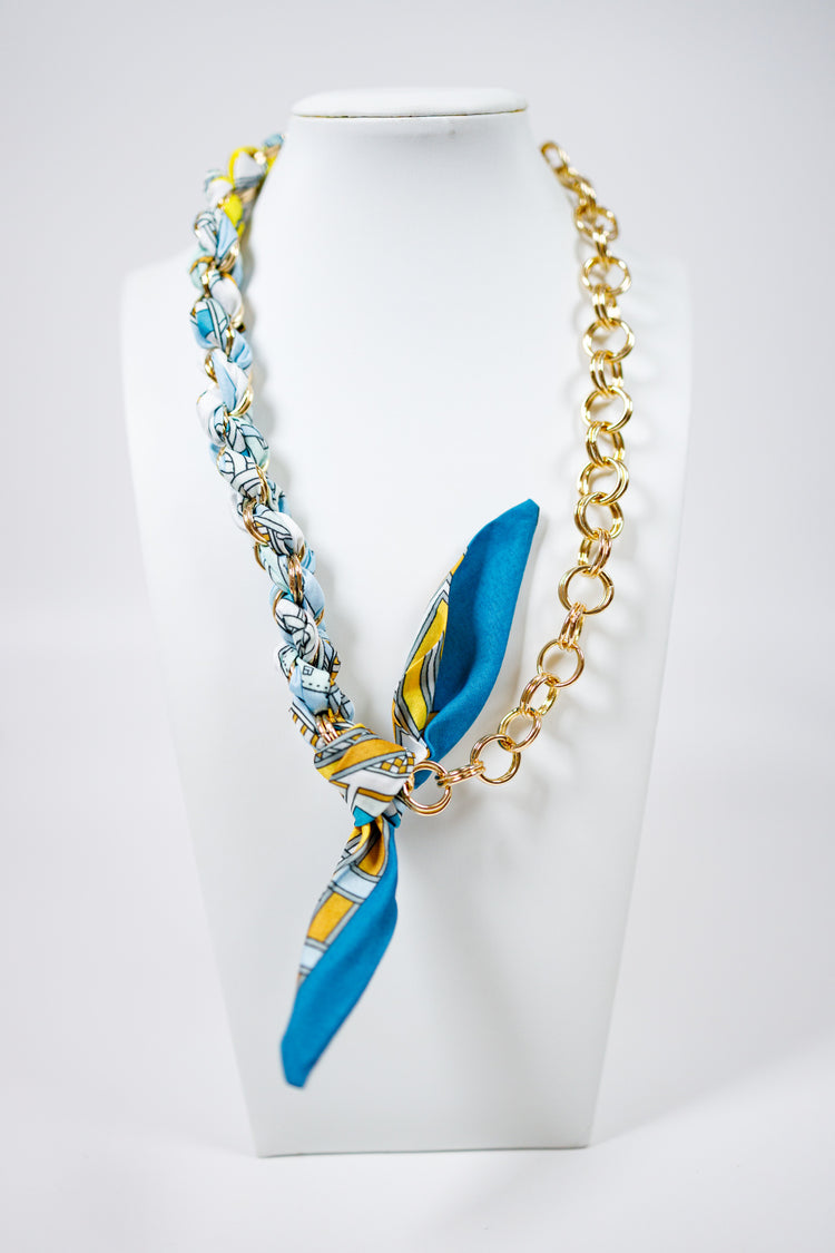 Blue and Yellow Pattern Scarf Chain Necklace Jaxe + Grace Boutique