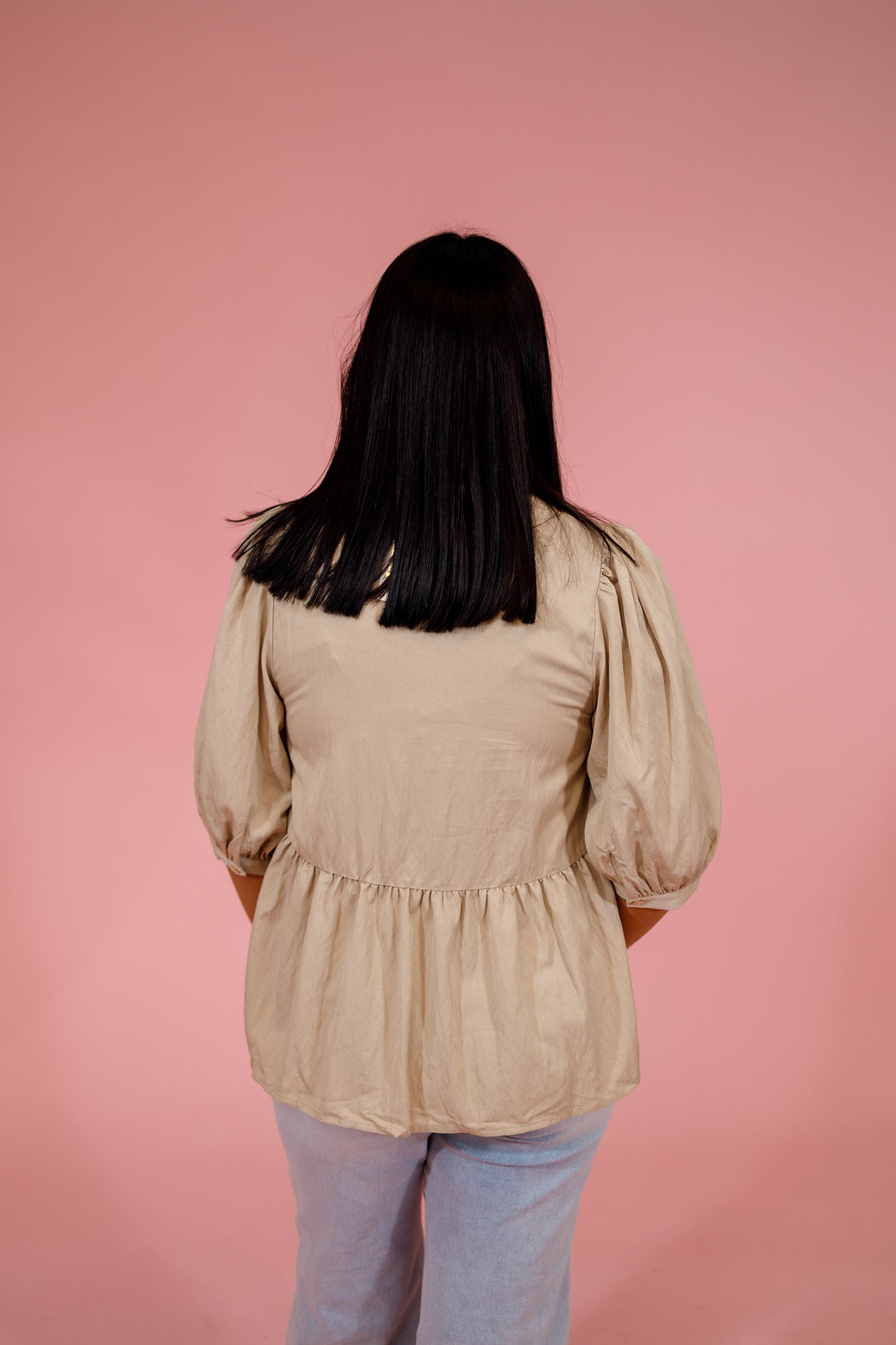 Taupe 3/4 Sleeve Gold Button Top Jaxe + Grace Boutique