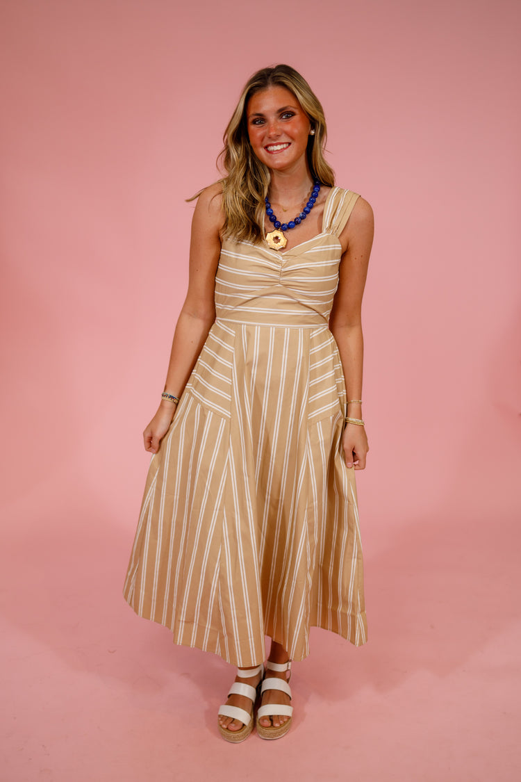 Taupe Striped A-Line Midi Dress Jaxe + Grace Boutique
