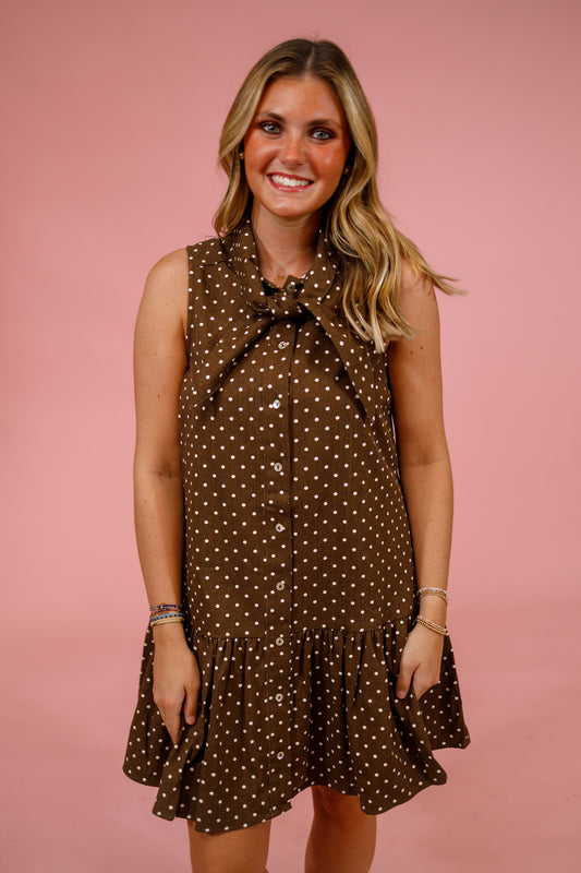 Brown Polka Dot Neck Tie Peplum Mini Dress Jaxe + Grace Boutique