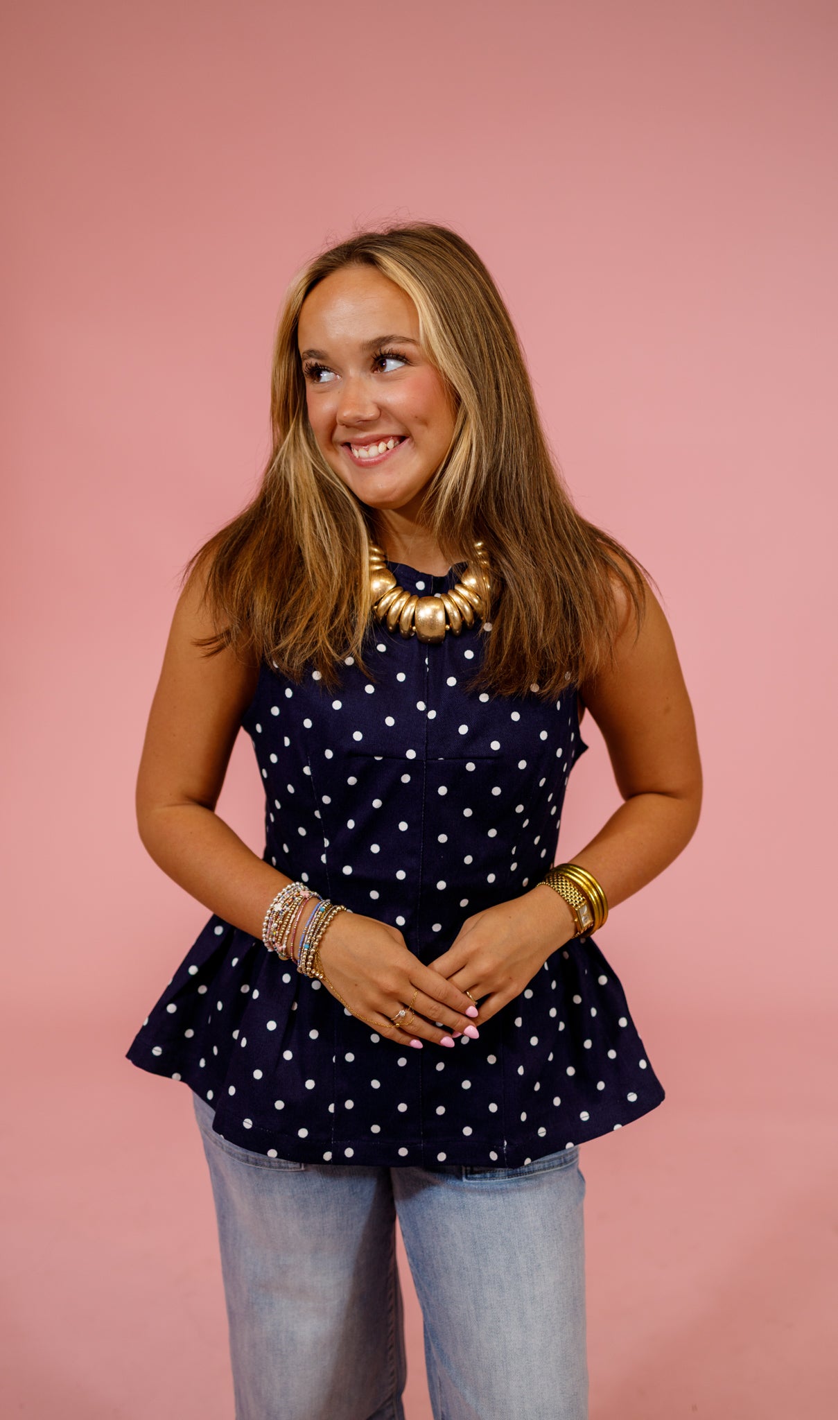 Navy Polka Dot Sleeveless Peplum Top Jaxe + Grace Boutique