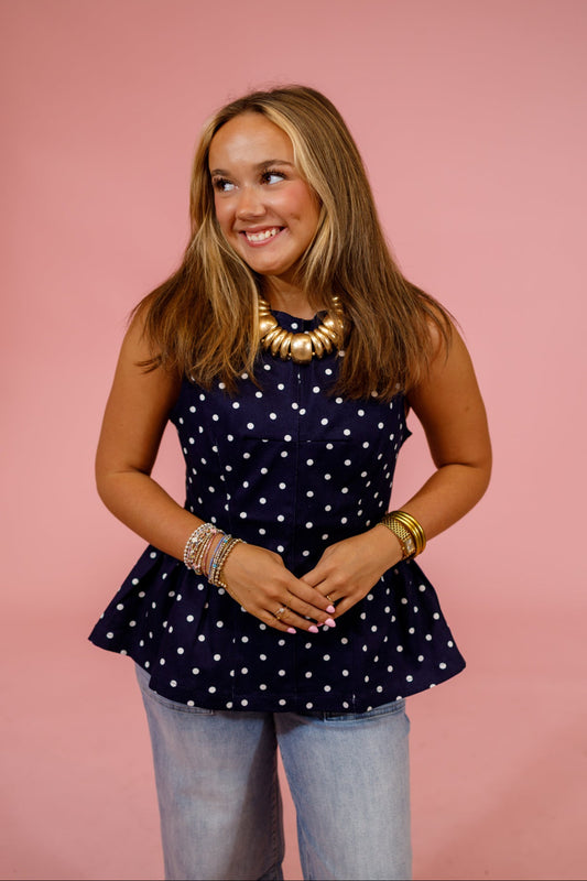 Navy Polka Dot Sleeveless Peplum Top Jaxe + Grace Boutique