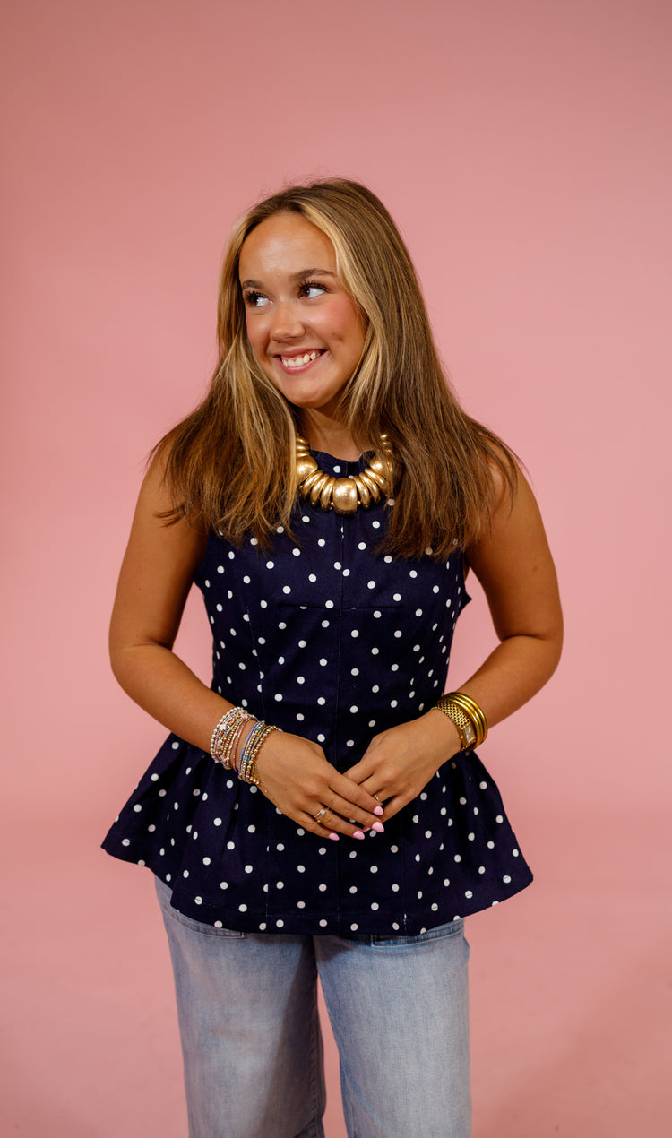 Navy Polka Dot Sleeveless Peplum Top Jaxe + Grace Boutique