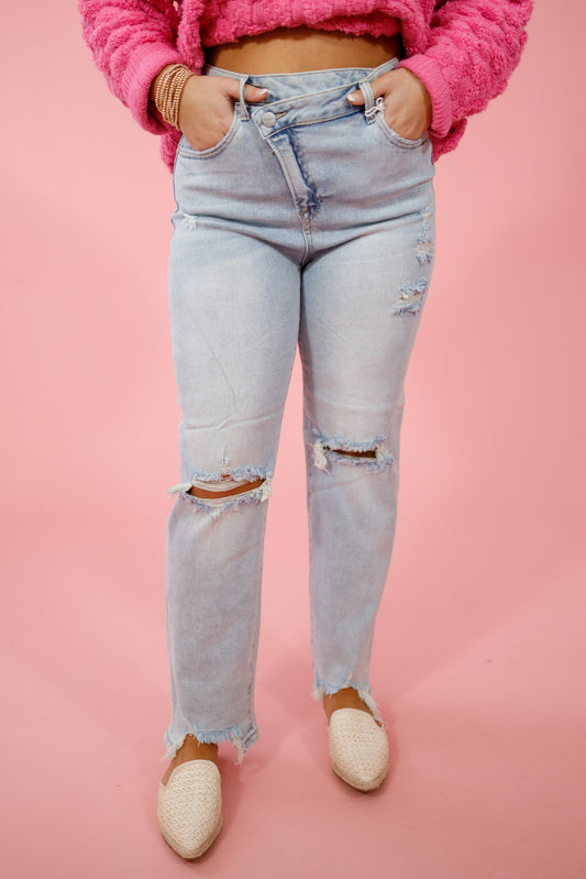 Risen Light Wash Crossover Distressed Jeans