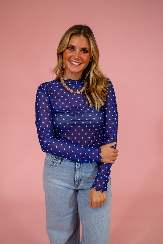 Navy Polka Dot Mesh Layering Top Jaxe + Grace Boutique
