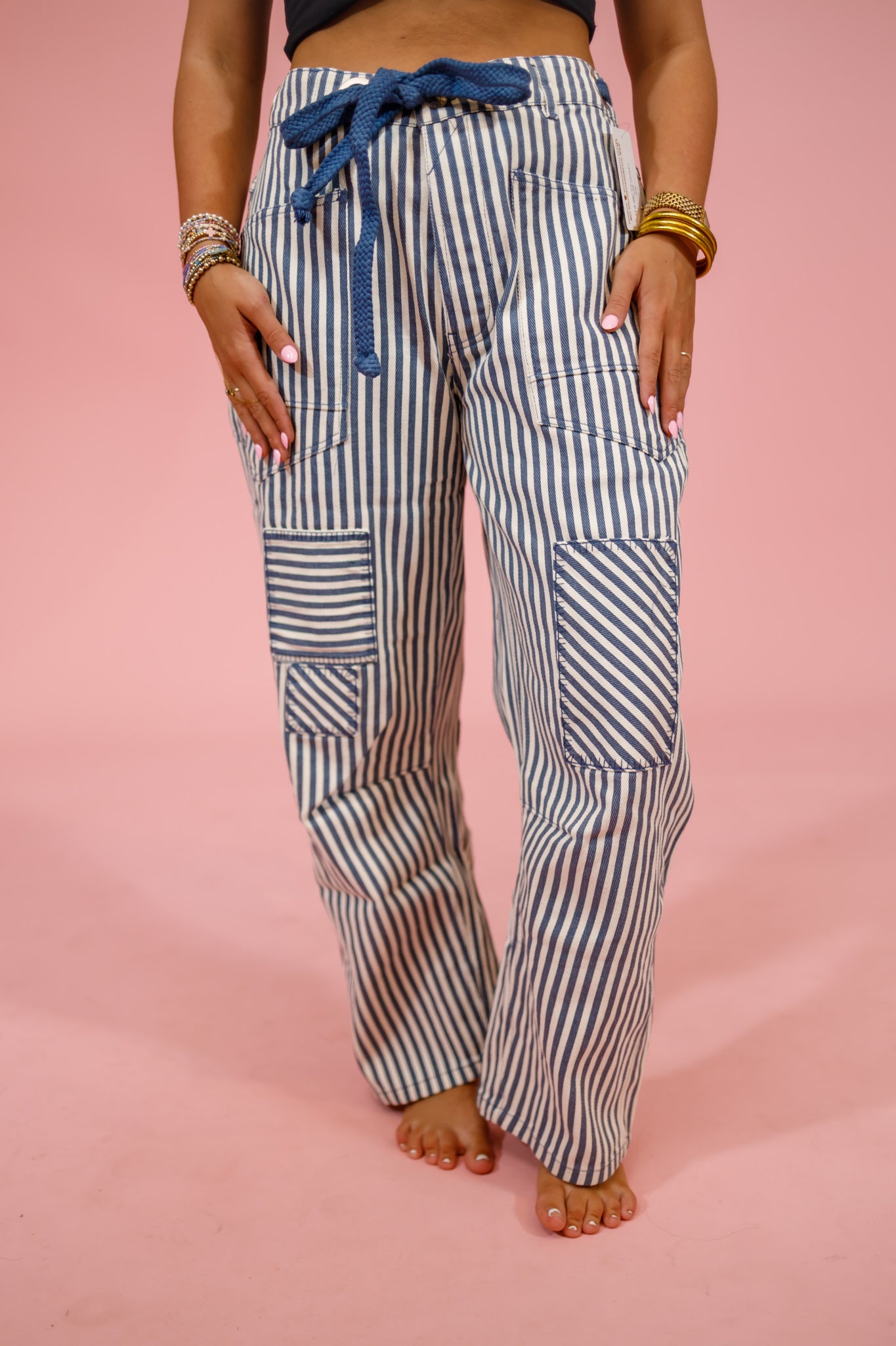 Stripe Twill Barrel Pants, NAVY Jaxe + Grace Boutique