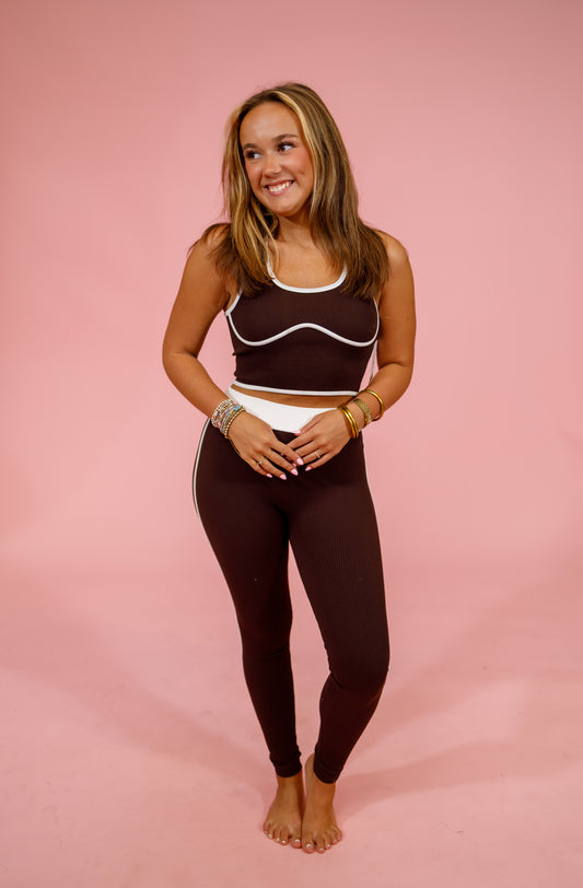 Brown Contrast Trim Leggings Set Jaxe + Grace Boutique