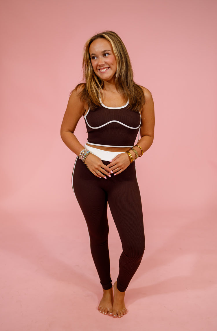 Brown Contrast Trim Leggings Set Jaxe + Grace Boutique
