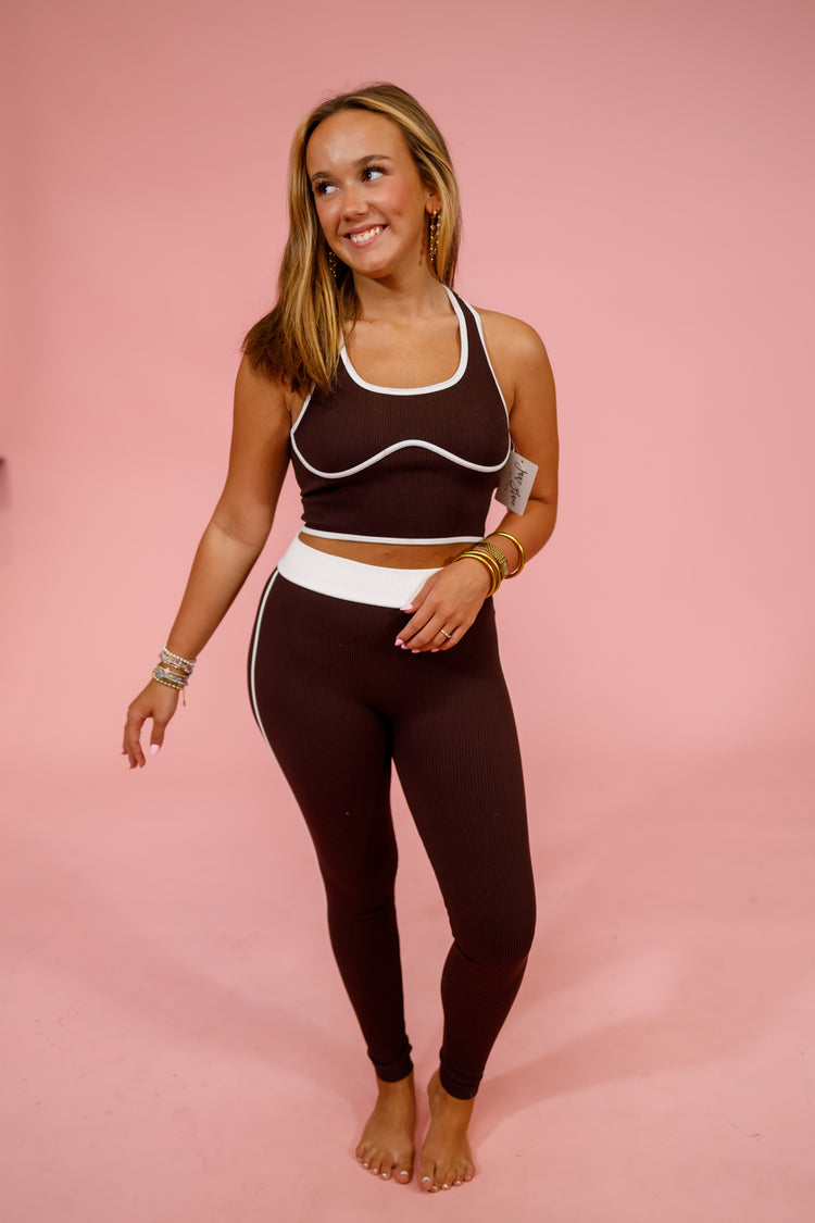Brown Contrast Trim Leggings Set Jaxe + Grace Boutique
