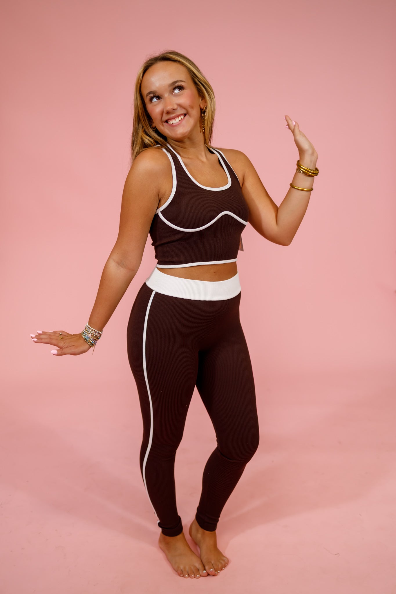 Brown Contrast Trim Leggings Set Jaxe + Grace Boutique