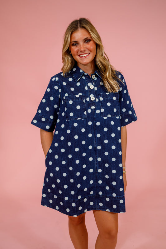 Washed Denim Polka Dot Dress Jaxe + Grace Boutique