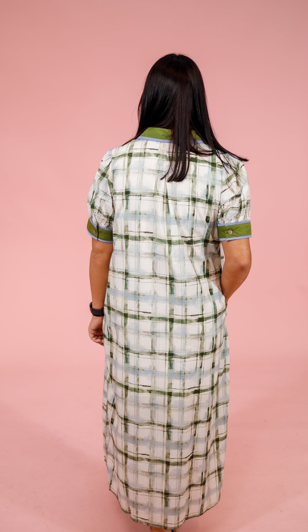 Olive and Blue Plaid Button Down Midi Dress Jaxe + Grace Boutique