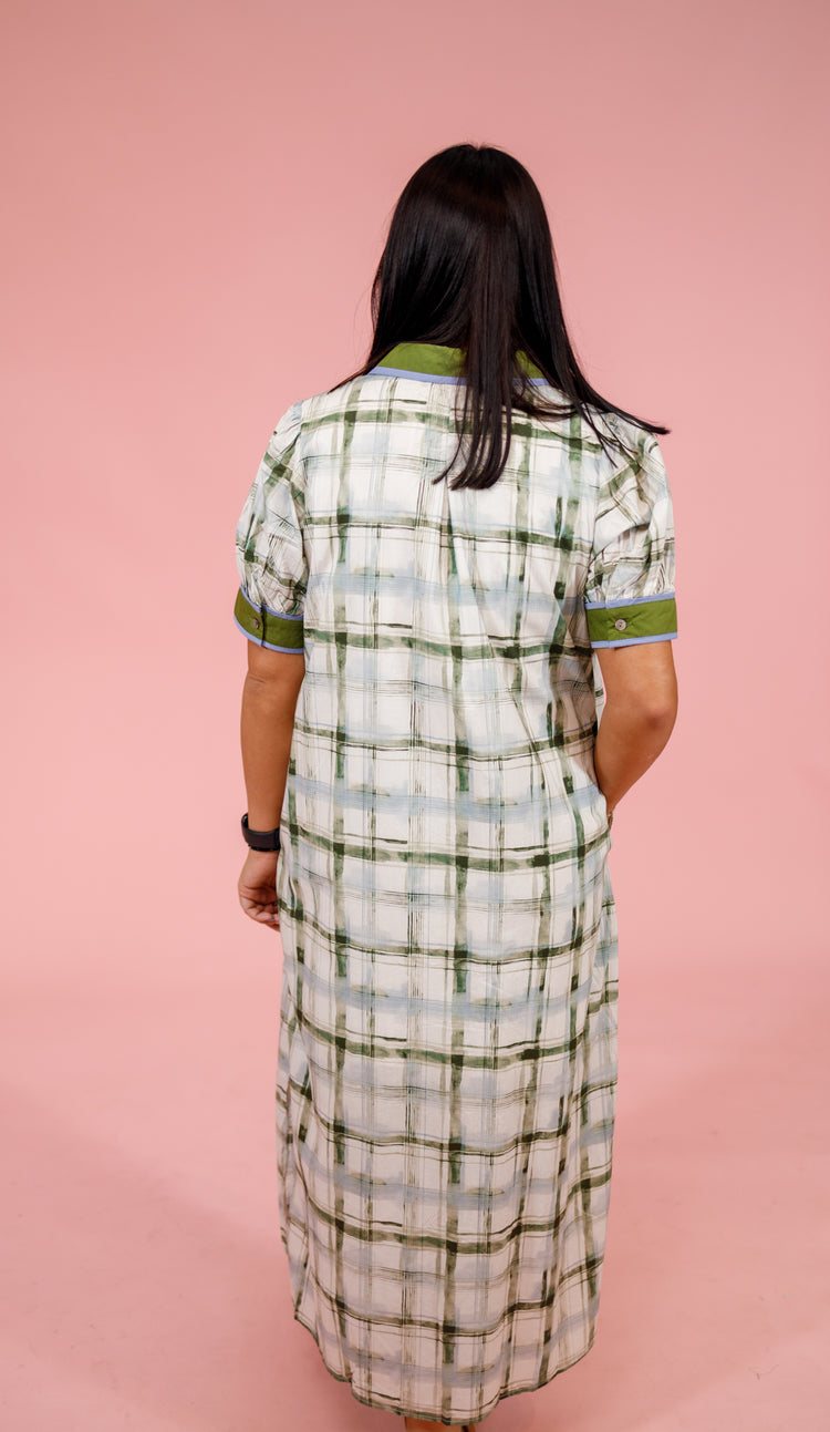 Olive and Blue Plaid Button Down Midi Dress Jaxe + Grace Boutique