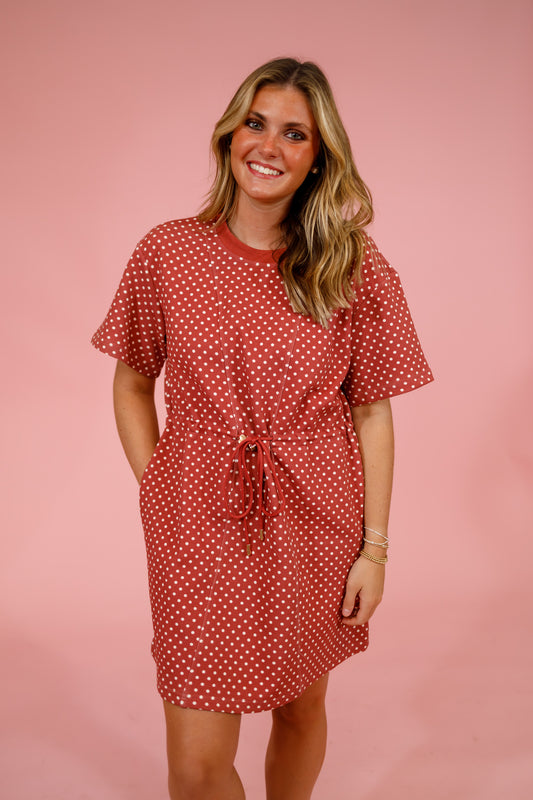 Terra Cotta Polka Dot Drawstring Mini Dress Jaxe + Grace Boutique