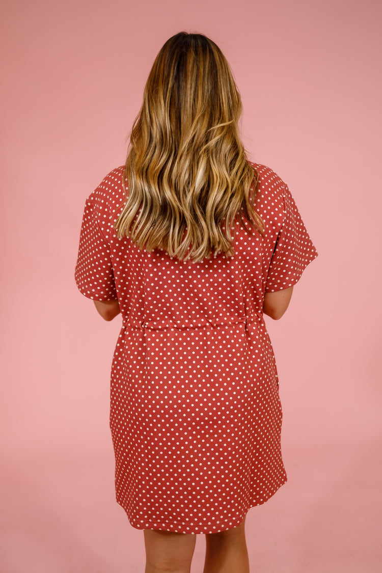 Terra Cotta Polka Dot Drawstring Mini Dress Jaxe + Grace Boutique