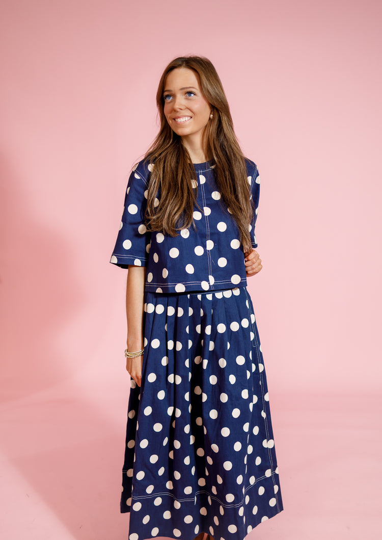 Navy Polka Dot Midi Skirt Set Jaxe + Grace Boutique