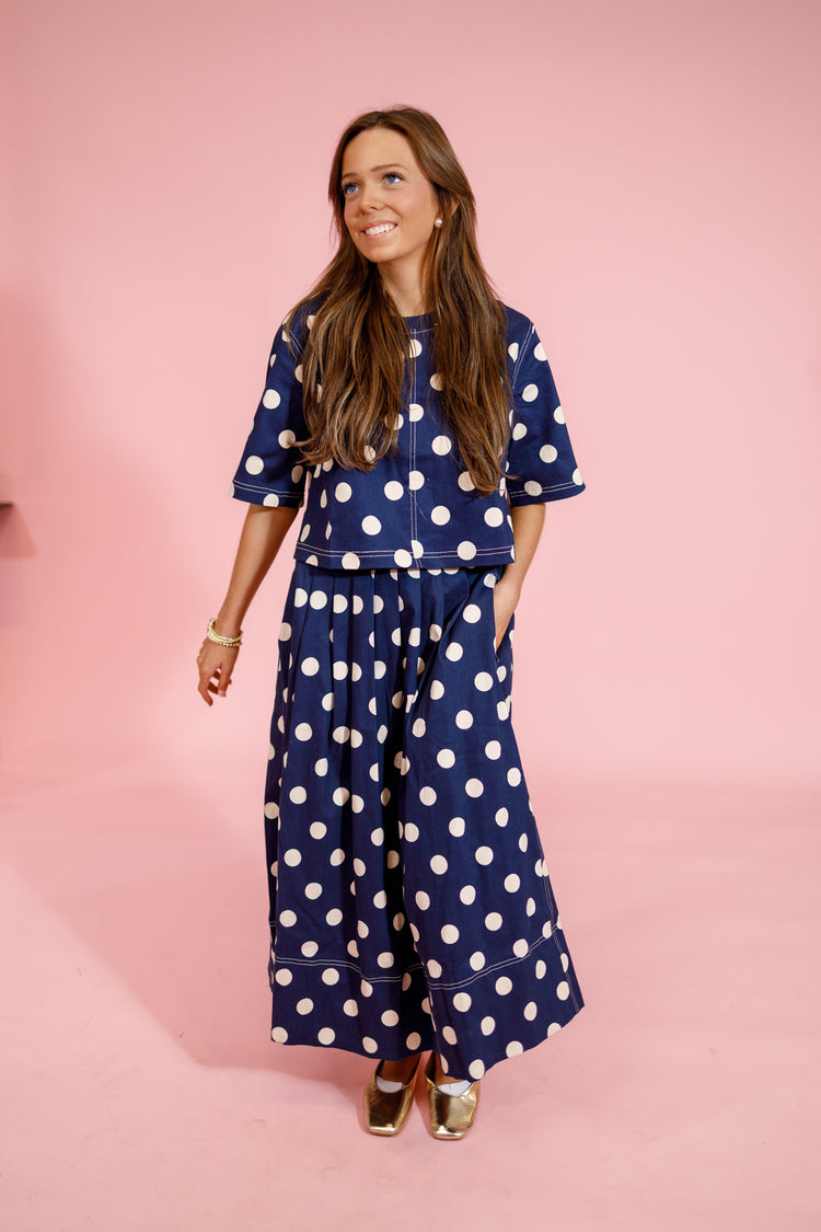 Navy Polka Dot Midi Skirt Set Jaxe + Grace Boutique
