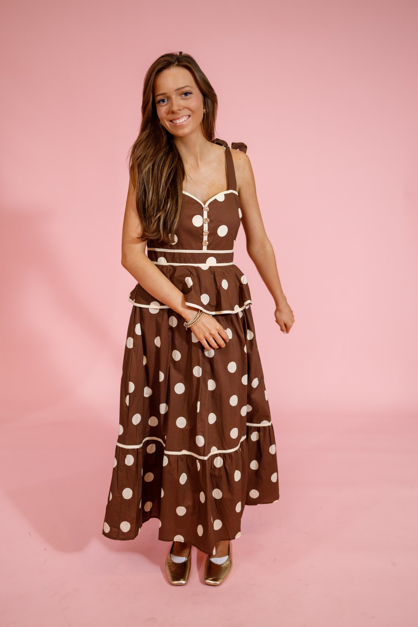 Brown Polka Dot Tiered Ruffle Midi Dress Jaxe + Grace Boutique