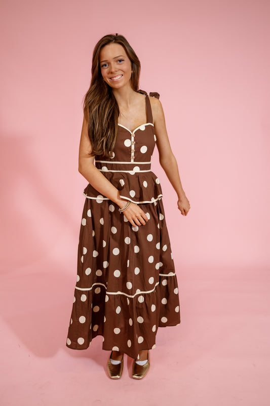 Brown Polka Dot Tiered Ruffle Midi Dress Jaxe + Grace Boutique