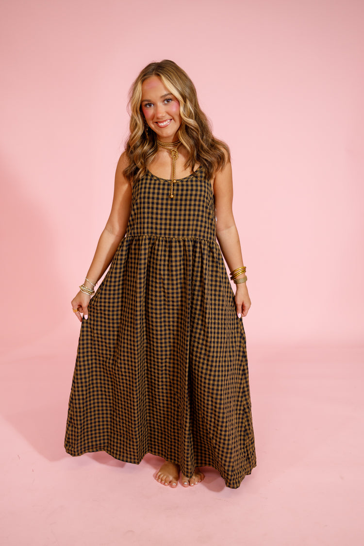 Camel Gingham Midi Dress with Removable Top Jaxe + Grace Boutique
