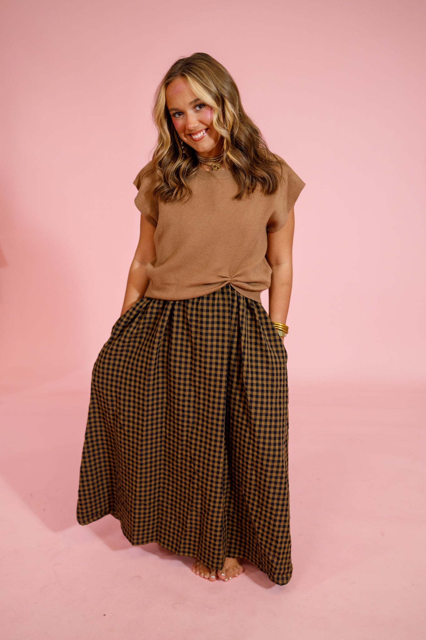 Camel Gingham Midi Dress with Removable Top Jaxe + Grace Boutique