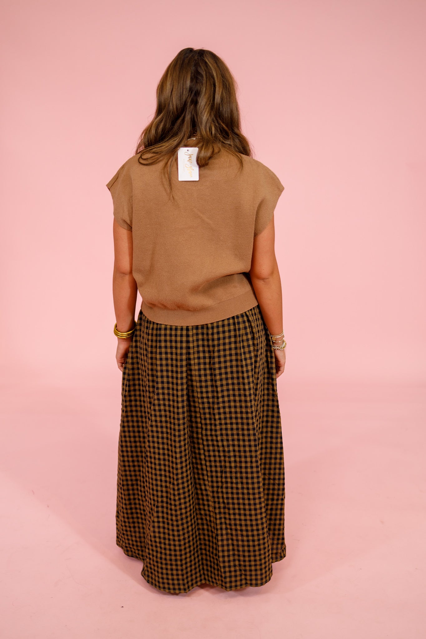 Camel Gingham Midi Dress with Removable Top Jaxe + Grace Boutique