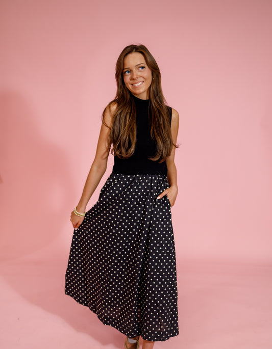 Black Polka Dot Midi Dress with Solid Top Jaxe + Grace Boutique