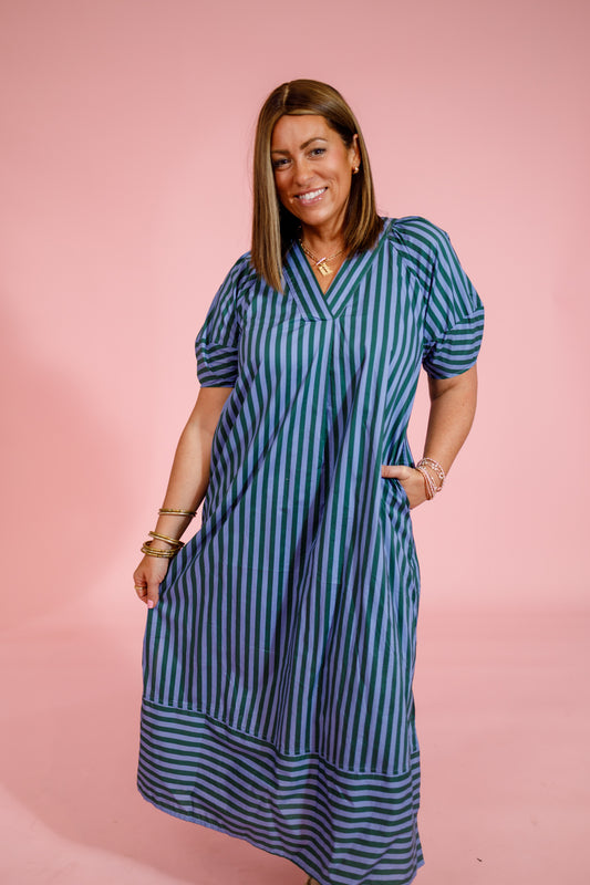 Blue and Green Vertical Stripe Midi Dress Jaxe + Grace Boutique