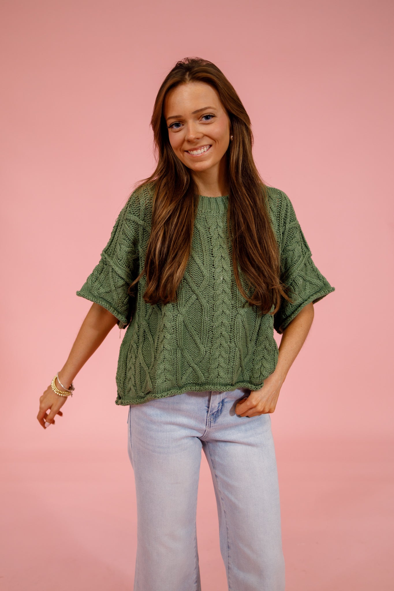 Cable Knit Sweater Top,DUSTY GREEN Jaxe + Grace Boutique